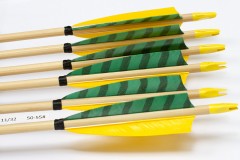 6 Handgemachte Holzpfeile (11/32 50-55# 1x barr. grün/2x gelb)