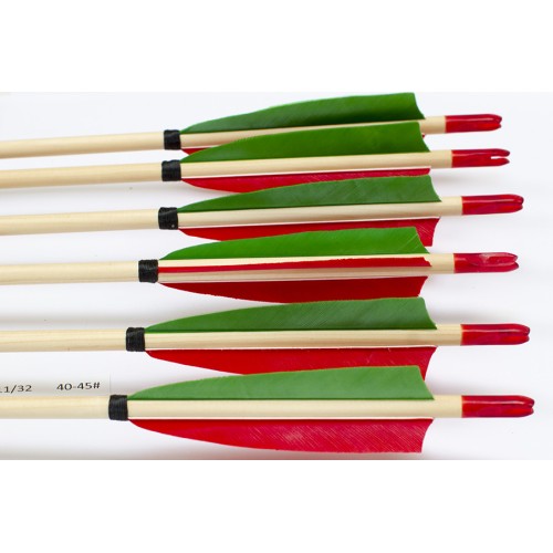 6 Handgemachte Holzpfeile (11/32 40-45# 1x grün/2x rot)