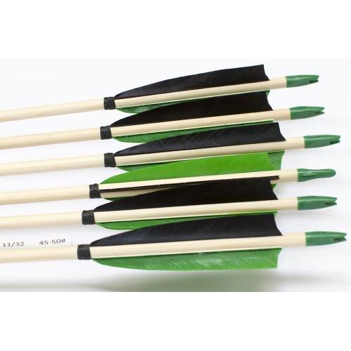 6 Handgemachte Holzpfeile (11/32 45-50# 1x schwarz/2x grün)