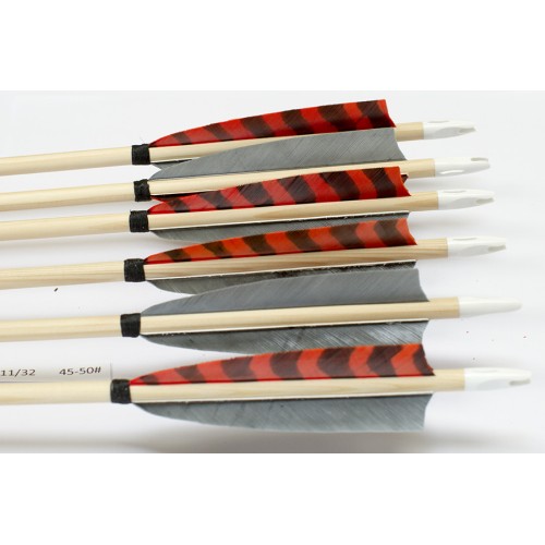 6 Handgemachte Holzpfeile (11/32 45-50# 1x barr. orange/2x grau)