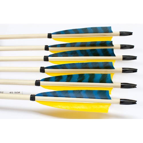 6 Handgemachte Holzpfeile (11/32 45-50# 1x barr. blau/2x gelb)