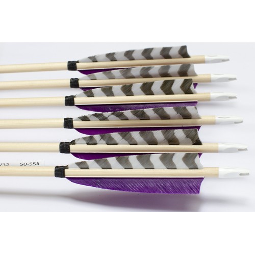6 Handgemachte Holzpfeile (11/32 50-55# 1x barr. weiss/2x violett)