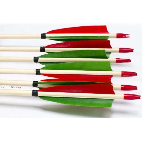 6 Handgemachte Holzpfeile (11/32 50-55# 1x rot/2x grün)