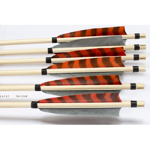 6 Handgemachte Holzpfeile (11/32 50-55# 1x barr. orange/2x grau)