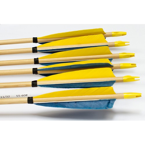 6 Handgemachte Holzpfeile (11/32 55-60# 1x gelb/2x blau)