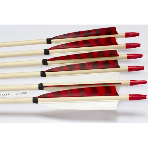 6 Handgemachte Holzpfeile (11/32 55-60# 1x barr. rot/2x weiss)