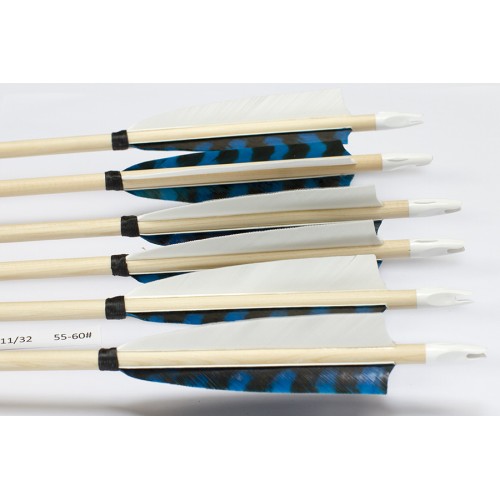 6 Handgemachte Holzpfeile (11/32 55-60# 1x weiss/2x barr. blau)
