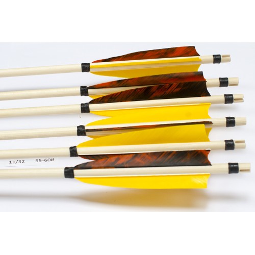 6 Handgemachte Holzpfeile (11/32 55-60# 1x Trec. orange/2x gelb)