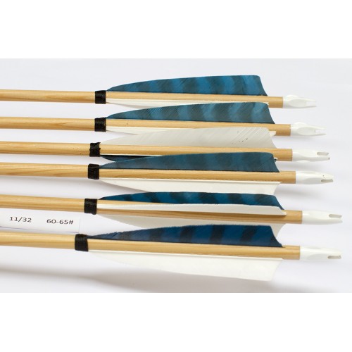 6 Handgemachte Holzpfeile (11/32 60-65# 1x barr. blau/2x weiss)