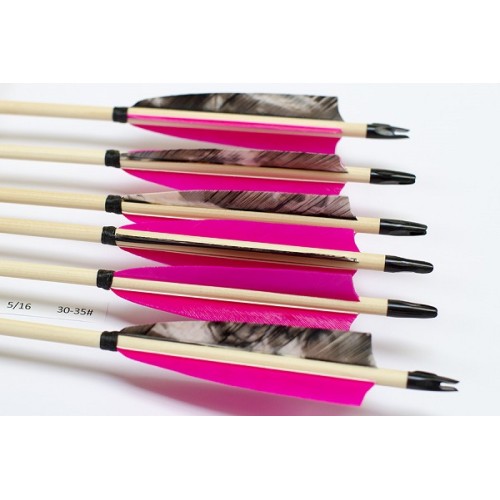 6 Handgemachte Holzpfeile (5/16 30-35# 1x Trec. grau/2xpink)