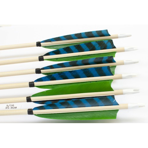 6 Handgemachte Holzpfeile (5/16 35-40# 1x barr. blau/2x grün)
